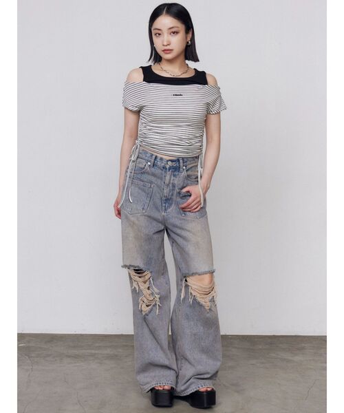 EMODA(エモダ)の「レイヤードレープクロップドトップ(Tシャツ/カットソー・レディース・ブラック/ホワイト/グレー・FREE)」の5枚目の写真