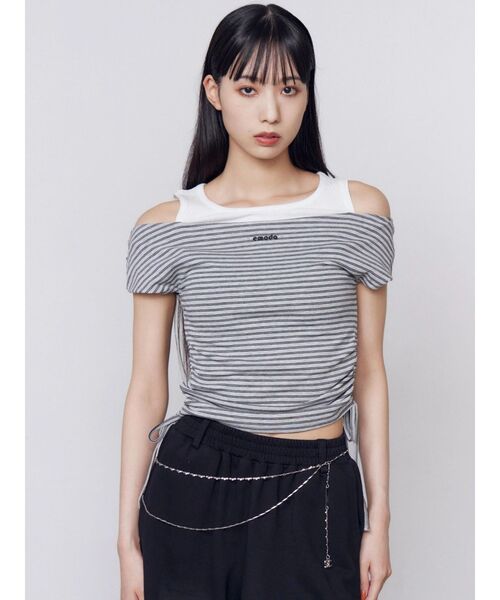 EMODA(エモダ)の「レイヤードレープクロップドトップ(Tシャツ/カットソー・レディース・ブラック/ホワイト/グレー・FREE)」の20枚目の写真