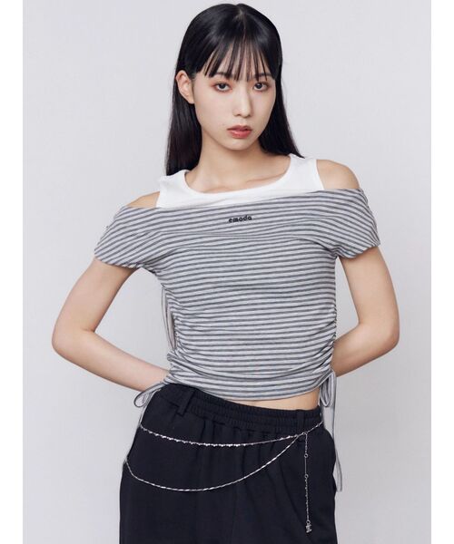 EMODA(エモダ)の「レイヤードレープクロップドトップ(Tシャツ/カットソー・レディース・ブラック/ホワイト/グレー・FREE)」の21枚目の写真