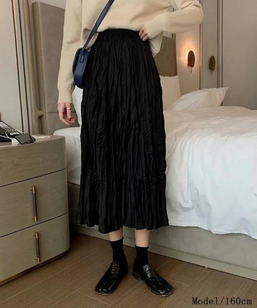 SEU(エスイーユー)の「【ロング丈/透け防止裏地付き】 ランダムプリーツロングフレア シワ くしゅくしゅ スカート レディース ウエストゴム 【オフィスカジュアル】【きれいめカジュアル】 レディース韓国風(スカート・レディース・グレー/ベージュ/ホワイト/ブラウン/ブラック・フリー)」の12枚目の写真