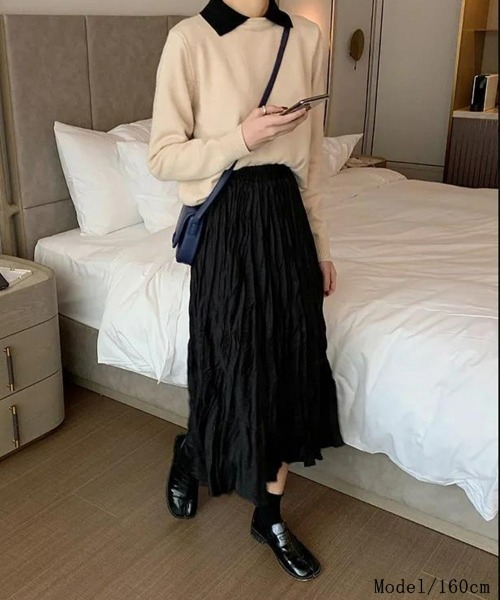 SEU(エスイーユー)の「【ロング丈/透け防止裏地付き】 ランダムプリーツロングフレア シワ くしゅくしゅ スカート レディース ウエストゴム 【オフィスカジュアル】【きれいめカジュアル】 レディース韓国風(スカート・レディース・グレー/ベージュ/ホワイト/ブラウン/ブラック・フリー)」の13枚目の写真