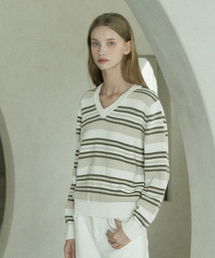 Cotton V-neck Striped Knit (beige)