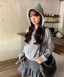 韓国風フリルフード星柄ジップパーカー/スター柄フーディー 長袖トップス