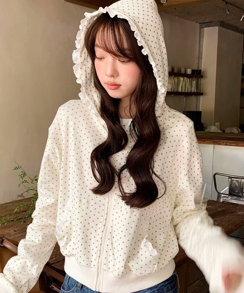 Sibra(シブラ)の「韓国風フリルフード星柄ジップパーカー/スター柄フーディー 長袖トップス(その他アウター・レディース・ホワイト/グレー/アイボリー・M)」の1枚目の写真