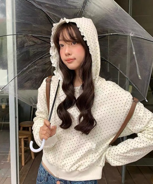 Sibra(シブラ)の「韓国風フリルフード星柄ジップパーカー/スター柄フーディー 長袖トップス(その他アウター・レディース・ホワイト/グレー/アイボリー・M)」の10枚目の写真