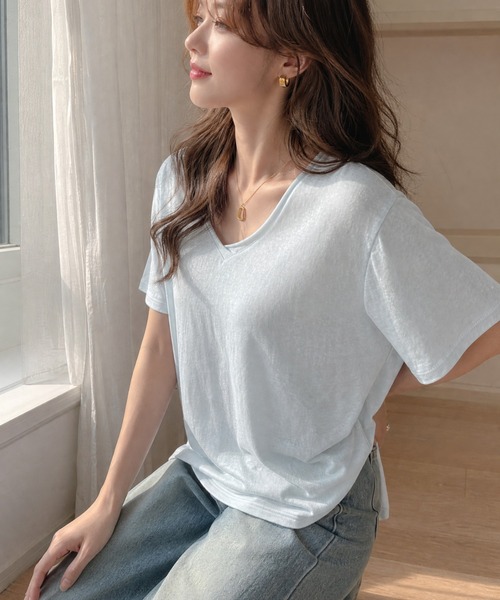 JOCOSA(ジョコサ)の「バックタック Vネック シンプルTシャツ(Tシャツ/カットソー・レディース・グレー/ブラック/ライトブルー/ピンク/ホワイト・S/M/L)」の6枚目の写真