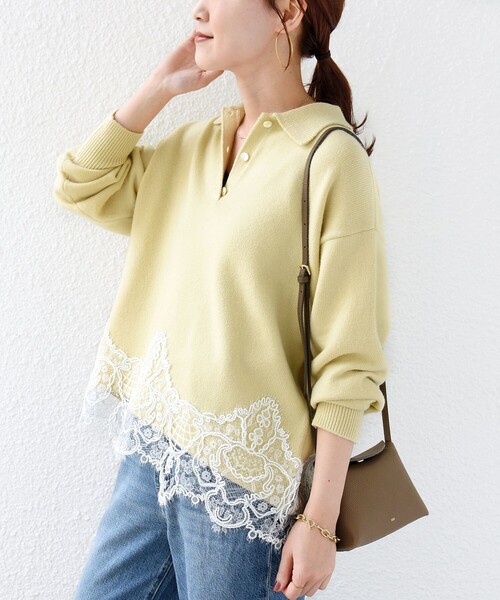 SHIPS(シップス)の「【WEB限定】〈手洗い可能〉レーストリム スキッパー ポロ襟 ニット(ニット/セーター・レディース・ダークグレー/ライトイエロー/オフホワイト/ブラウン・ONE SIZE)」の4枚目の写真