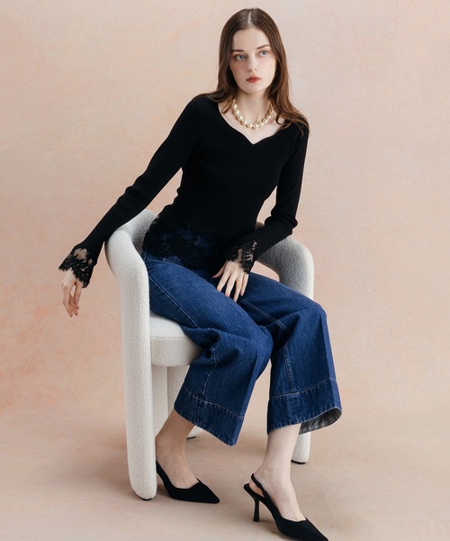 EIMY ISTOIRE（エイミーイストワール）の「LACE TRIM KNIT TOPS（ニット/セーター・レディース・ピンクベージュ/ブラック・FREE）」の16枚目の写真