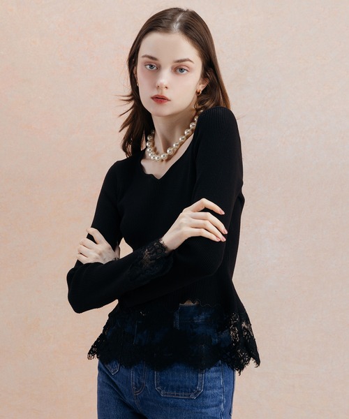 EIMY ISTOIRE（エイミーイストワール）の「LACE TRIM KNIT TOPS（ニット/セーター・レディース・ピンクベージュ/ブラック・FREE）」の6枚目の写真