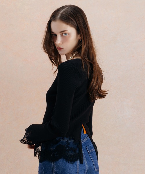 EIMY ISTOIRE（エイミーイストワール）の「LACE TRIM KNIT TOPS（ニット/セーター・レディース・ピンクベージュ/ブラック・FREE）」の7枚目の写真