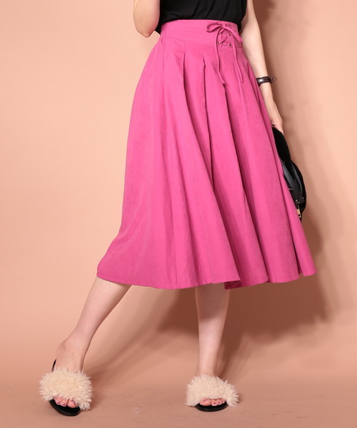 natural couture（ナチュラルクチュール）の「T/Nピーチレースアップカラースカート（スカート・レディース・ピンク/グリーン/ブラウン/マスタード・FREE）」の4枚目の写真