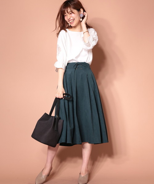 natural couture（ナチュラルクチュール）の「T/Nピーチレースアップカラースカート（スカート・レディース・ピンク/グリーン/ブラウン/マスタード・FREE）」の21枚目の写真