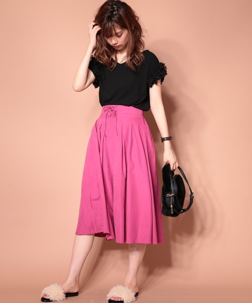 natural couture（ナチュラルクチュール）の「T/Nピーチレースアップカラースカート（スカート・レディース・ピンク/グリーン/ブラウン/マスタード・FREE）」の16枚目の写真