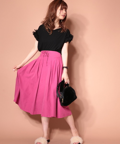 natural couture（ナチュラルクチュール）の「T/Nピーチレースアップカラースカート（スカート・レディース・ピンク/グリーン/ブラウン/マスタード・FREE）」の6枚目の写真