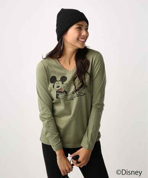 AZUL BY MOUSSY,MICKEY筆記体ロゴVネック長袖TEE WEAR