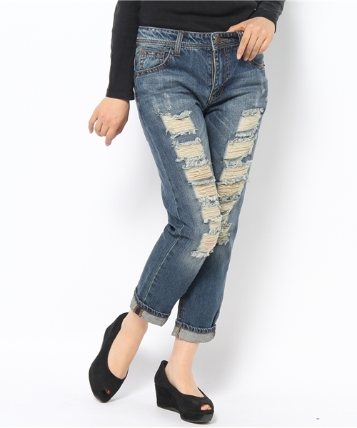 WEGO(ウィゴー)の「9分丈ボーイフレンドクラッシュデニムパンツ(デニムパンツ・レディース・インディゴブルー/ダークインディゴブルー・MEDIUM/LARGE)」の11枚目の写真