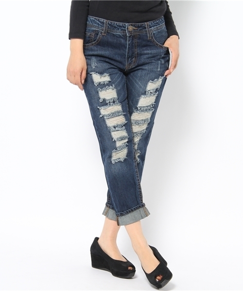WEGO(ウィゴー)の「9分丈ボーイフレンドクラッシュデニムパンツ(デニムパンツ・レディース・インディゴブルー/ダークインディゴブルー・MEDIUM/LARGE)」の12枚目の写真