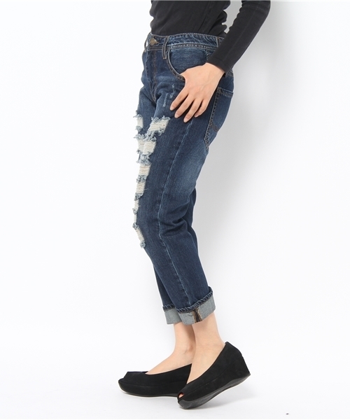 WEGO(ウィゴー)の「9分丈ボーイフレンドクラッシュデニムパンツ(デニムパンツ・レディース・インディゴブルー/ダークインディゴブルー・MEDIUM/LARGE)」の3枚目の写真