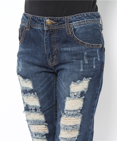 WEGO(ウィゴー)の「9分丈ボーイフレンドクラッシュデニムパンツ(デニムパンツ・レディース・インディゴブルー/ダークインディゴブルー・MEDIUM/LARGE)」の5枚目の写真