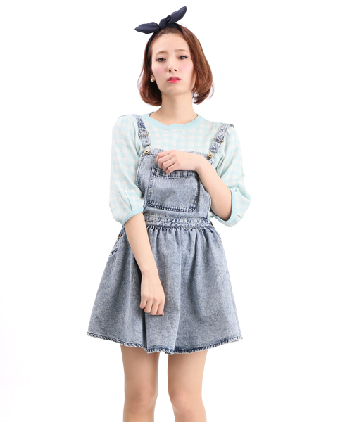 WEGO（ウィゴー）の「WEGO/デニムフレアジャンパースカート（デニムスカート・レディース・ホワイト/インディゴブルー/ストライプ・FREE）」の3枚目の写真