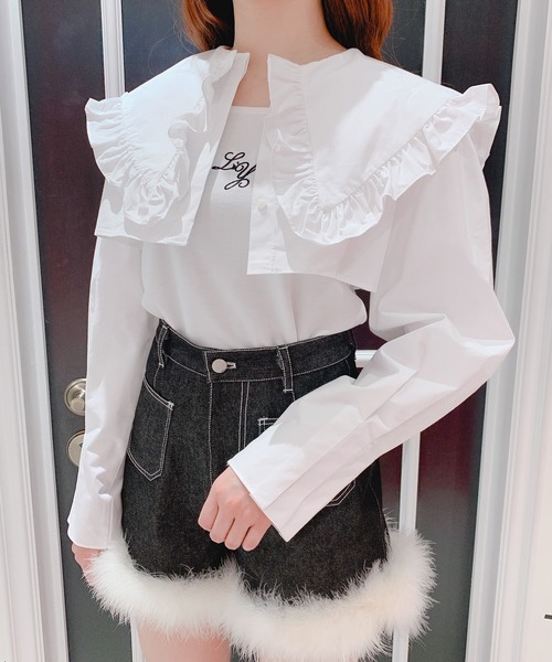 lilLilly（リルリリー）の「ショートシャツジャケット（シャツ/ブラウス・レディース・ホワイト/ブラック・FREE）」の7枚目の写真