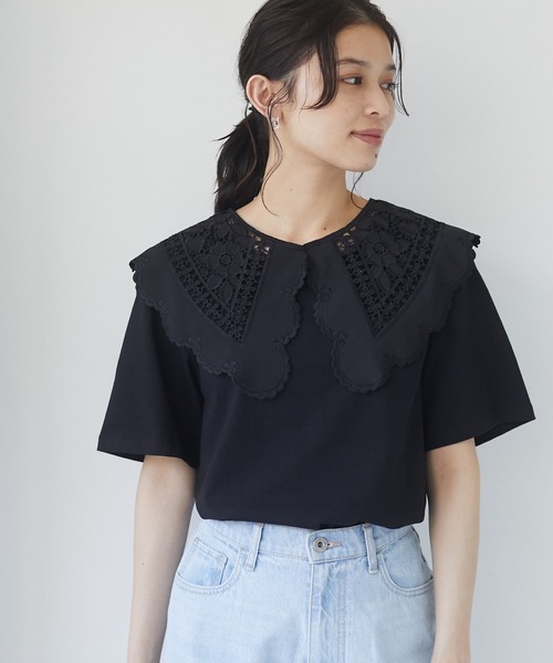 Sugar spoon（シュガースプーン）の「・SUGAR SPOON SET2点レースカラー×Tシャツ＊（Tシャツ/カットソー・レディース・その他7/モカ/オフホワイト/ブラック・FREE）」の2枚目の写真