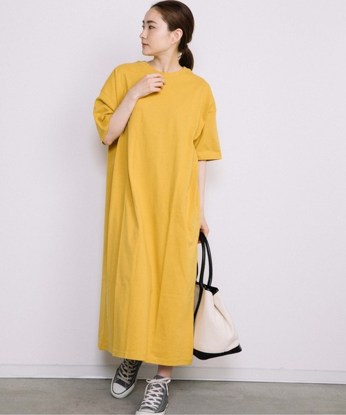 Chaco closet（チャコ クローゼット）の「サイドポケット付き半袖ロングマキシ丈ワンピース（ワンピース・レディース・ブラック/ベージュ/ネイビー/オレンジ/イエロー・FREE）」の4枚目の写真