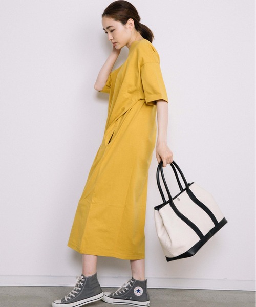 Chaco closet（チャコ クローゼット）の「サイドポケット付き半袖ロングマキシ丈ワンピース（ワンピース・レディース・ブラック/ベージュ/ネイビー/オレンジ/イエロー・FREE）」の16枚目の写真