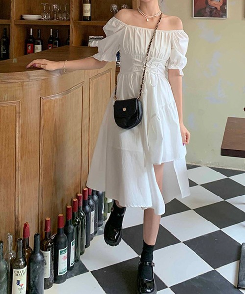 キャンディースリーブコルセットベルトアシンメトリーワンピース