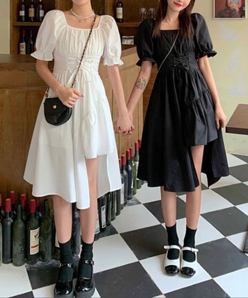 キャンディースリーブコルセットベルトアシンメトリーワンピース