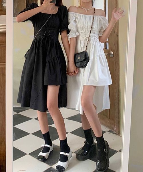 キャンディースリーブコルセットベルトアシンメトリーワンピース