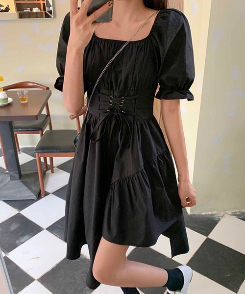 キャンディースリーブコルセットベルトアシンメトリーワンピース