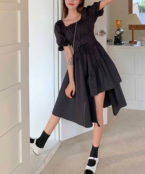 kana シャーリング キャンディー スリーブ アシンメトリー ドレス ブラック セール】シャーリング キャンディー スリーブ アシンメトリー レース