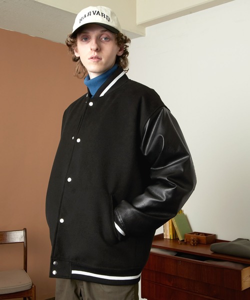 EMMA CLOTHES(エマクローズ)の「ビッグシルエット メルトン×シンセティックレザースタジャン EMMA CLOTHES(スタジャン・メンズ・ブラック/チャコール・L/M)」の18枚目の写真