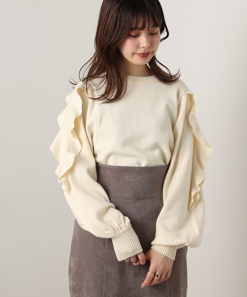 natural couture（ナチュラルクチュール）の「ラッフルスリーブニット（ニット/セーター・レディース・ブラック/オフホワイト/ミント/ラベンダー・FREE）」の6枚目の写真