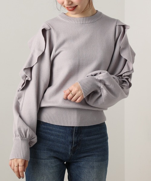 natural couture（ナチュラルクチュール）の「ラッフルスリーブニット（ニット/セーター・レディース・ブラック/オフホワイト/ミント/ラベンダー・FREE）」の15枚目の写真