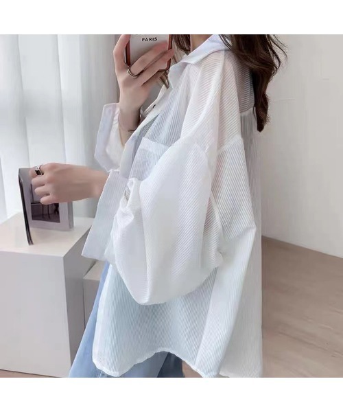 SpRay（スプレイ）の「シアーストライプBIGシャツ（シャツ/ブラウス・レディース・ホワイト/ライトブルー/ピンク/イエロー/オレンジ/ブルー・FREE）」の7枚目の写真