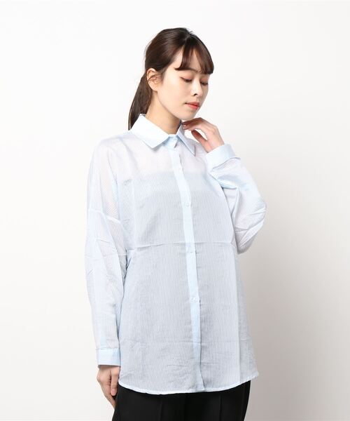 SpRay（スプレイ）の「シアーストライプBIGシャツ（シャツ/ブラウス・レディース・ホワイト/ライトブルー/ピンク/イエロー/オレンジ/ブルー・FREE）」の10枚目の写真