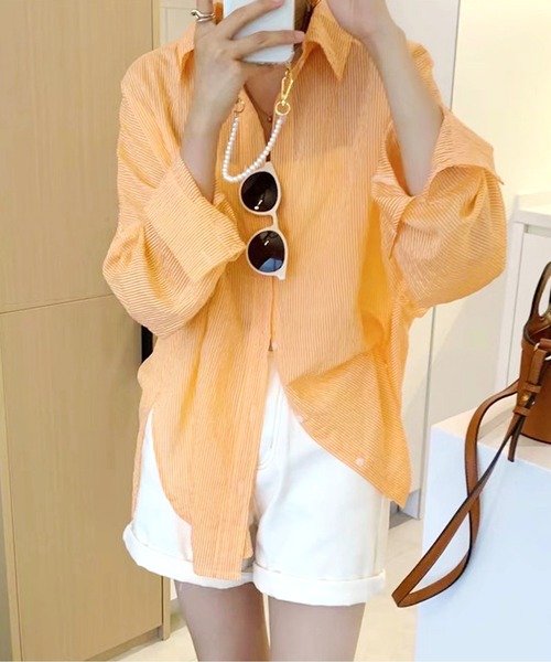 SpRay（スプレイ）の「シアーストライプBIGシャツ（シャツ/ブラウス・レディース・ホワイト/ライトブルー/ピンク/イエロー/オレンジ/ブルー・FREE）」の20枚目の写真