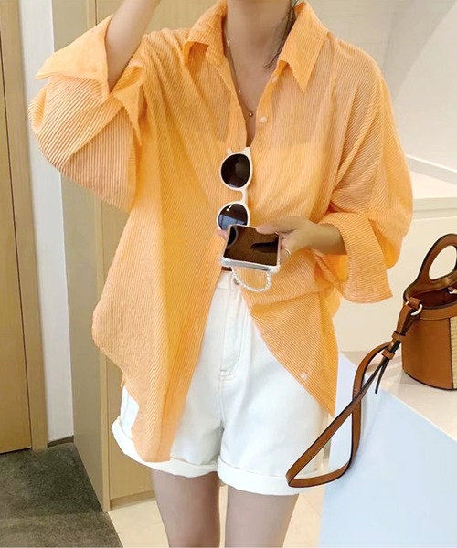 SpRay（スプレイ）の「シアーストライプBIGシャツ（シャツ/ブラウス・レディース・ホワイト/ライトブルー/ピンク/イエロー/オレンジ/ブルー・FREE）」の19枚目の写真