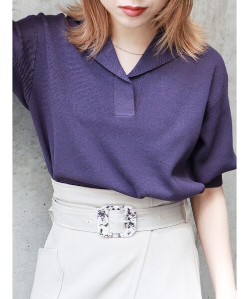 MURUA（ムルーア）の「ハイツイストハーフスリーブニットポロシャツ（ポロシャツ・レディース・アイボリー/グレー/ブラック/オレンジ/グリーン・FREE）」の4枚目の写真