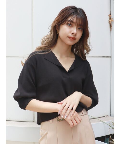 MURUA（ムルーア）の「ハイツイストハーフスリーブニットポロシャツ（ポロシャツ・レディース・アイボリー/グレー/ブラック/オレンジ/グリーン・FREE）」の3枚目の写真