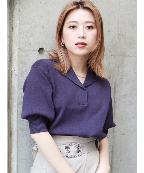 MURUA（ムルーア）の「ハイツイストハーフスリーブニットポロシャツ（ポロシャツ・レディース・アイボリー/グレー/ブラック/オレンジ/グリーン・FREE）」の8枚目の写真