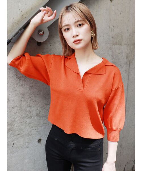 MURUA（ムルーア）の「ハイツイストハーフスリーブニットポロシャツ（ポロシャツ・レディース・アイボリー/グレー/ブラック/オレンジ/グリーン・FREE）」の10枚目の写真