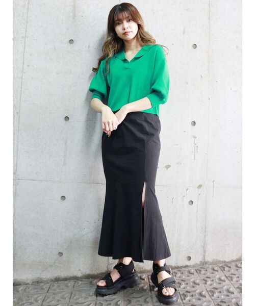 MURUA（ムルーア）の「ハイツイストハーフスリーブニットポロシャツ（ポロシャツ・レディース・アイボリー/グレー/ブラック/オレンジ/グリーン・FREE）」の9枚目の写真