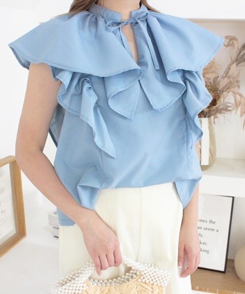 MODE ROBE（モードローブ）の「ダブルフリルノースリーブブラウス（シャツ/ブラウス・レディース・ブラック/ホワイト/ブルー・FREE）」の21枚目の写真