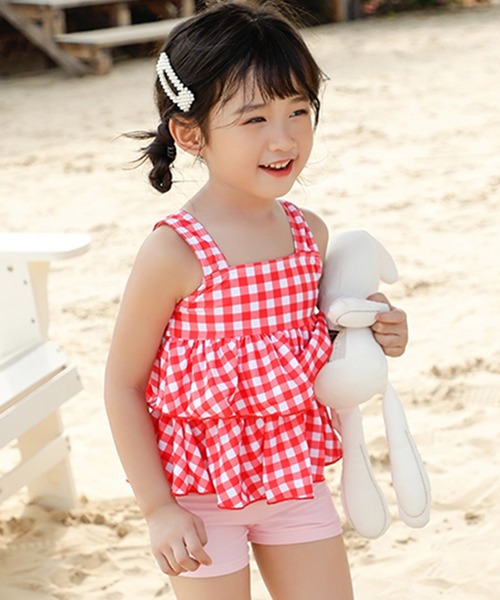 水着 9号 ペプラム ギンガムチェック風 3点セット WEB限定 ペプラム無地/チェック3点セット水着【Beach Queen（ビーチ