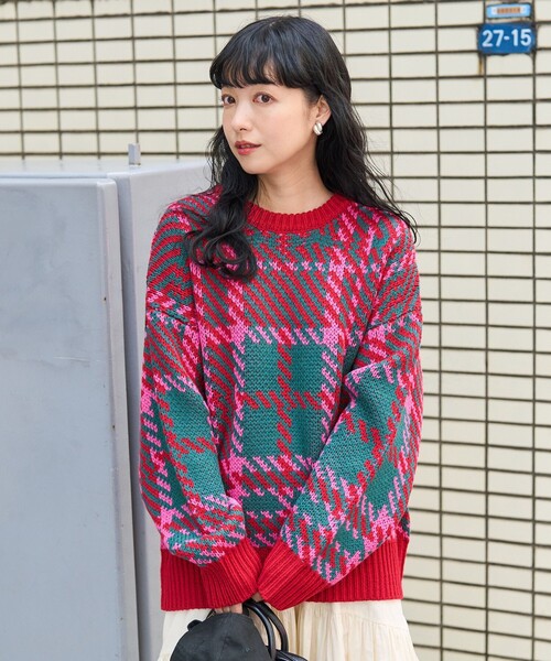 FREAK'S STORE(フリークスストア)の「カラーチェックニット(ニット/セーター・レディース・ネイビー/オレンジ/ピンク/イエロー・フリ-)」の5枚目の写真