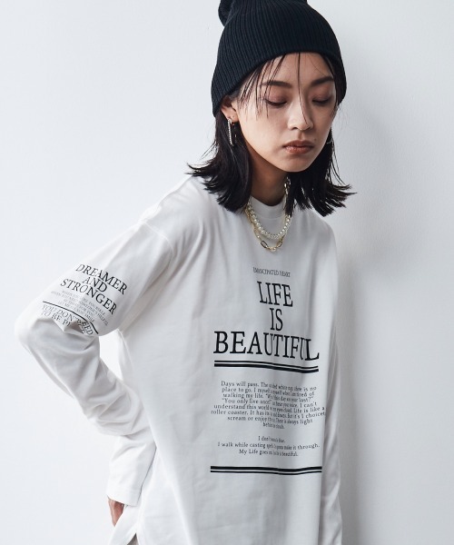 大きいサイズ＞綿100％ロゴプリントロングスリーブTシャツ シック