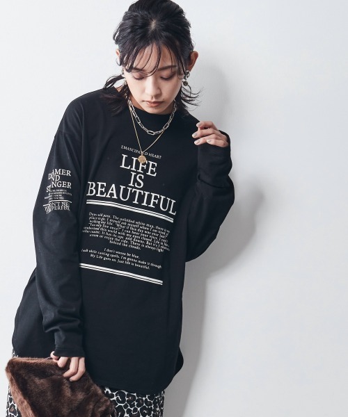 大きいサイズ＞綿100％ロゴプリントロングスリーブTシャツ シック